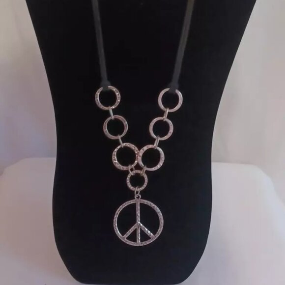PEACE SIGN Silver Tone Pendant with Rhinestones Black Cord 22 in Metal - Picture 1 of 6